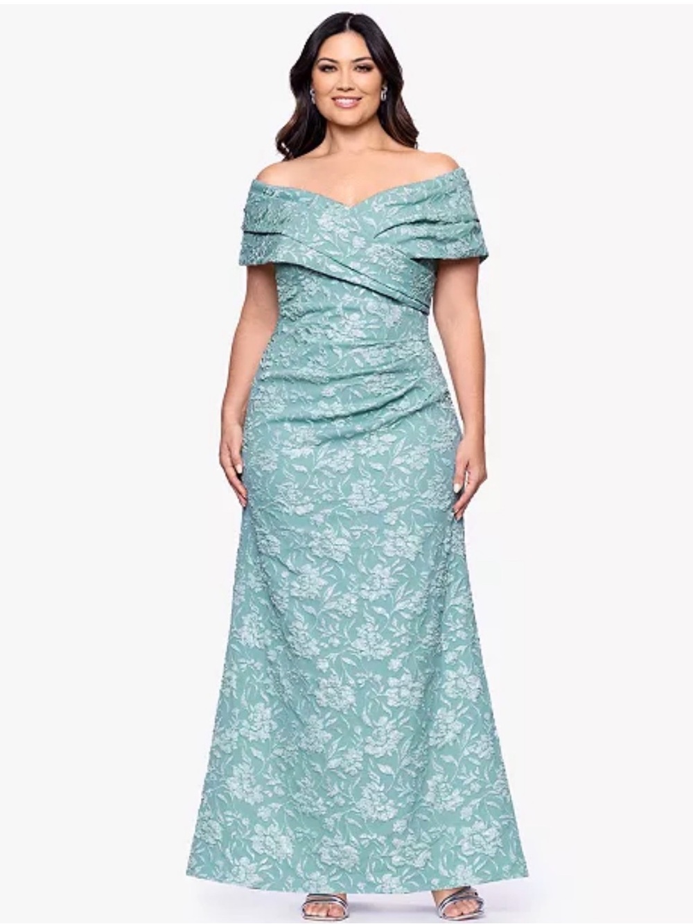 Off-the-Shoulder Floral Lace Evening Gown - Sage Green